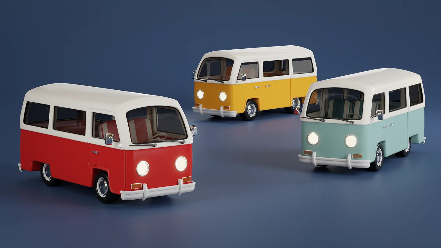 Red, yellow, and pale blue versions of the stylized camper van.