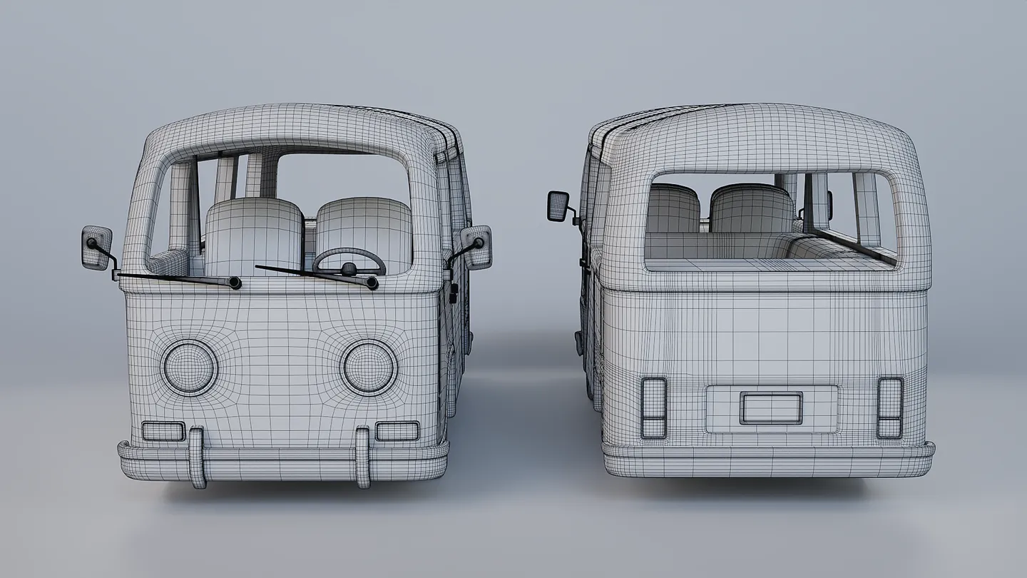 Camper van shown from the front and rear with wireframe topology.