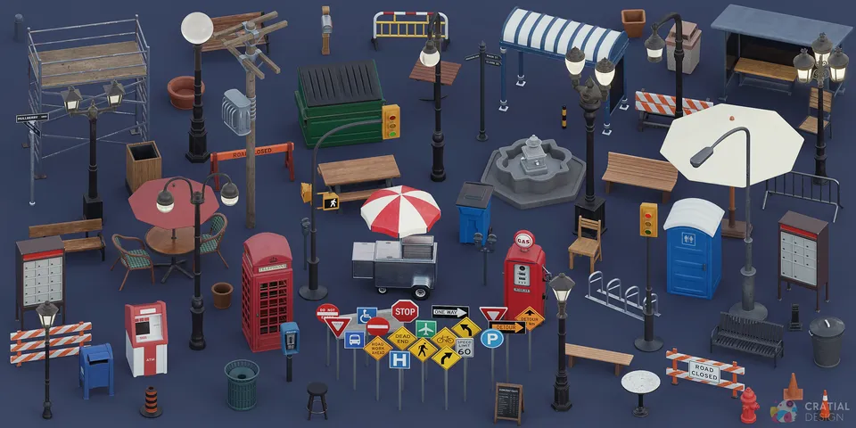 Wide overview of stylized city props including streetlights, road signs, benches, patio furniture, construction pieces, bins, shelters, and service props.