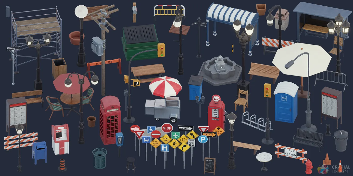 Wide arrangement of stylized street furniture, signs, lights, patio assets, roadwork pieces, and everyday urban props.