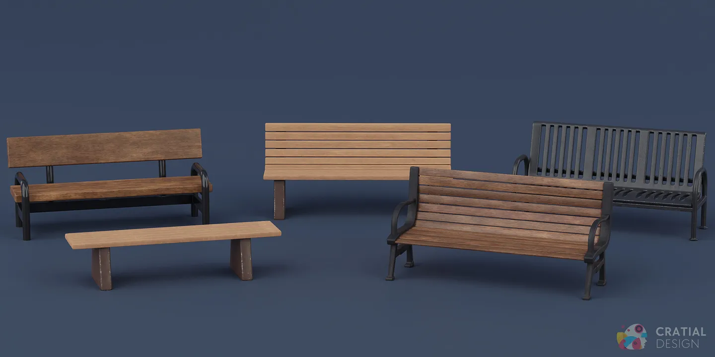 Five stylized city benches and a wooden picnic table.