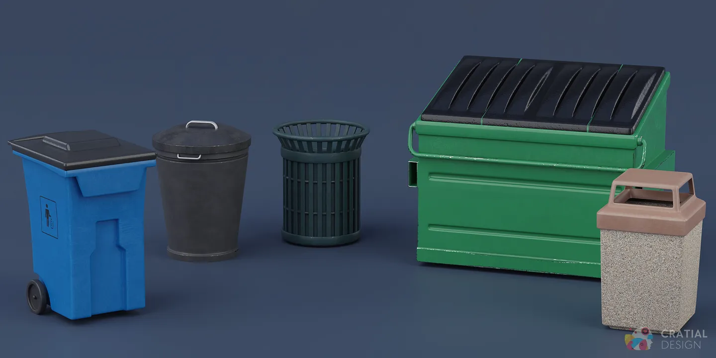 Stylized garbage cans, recycle bin, and dumpster models.