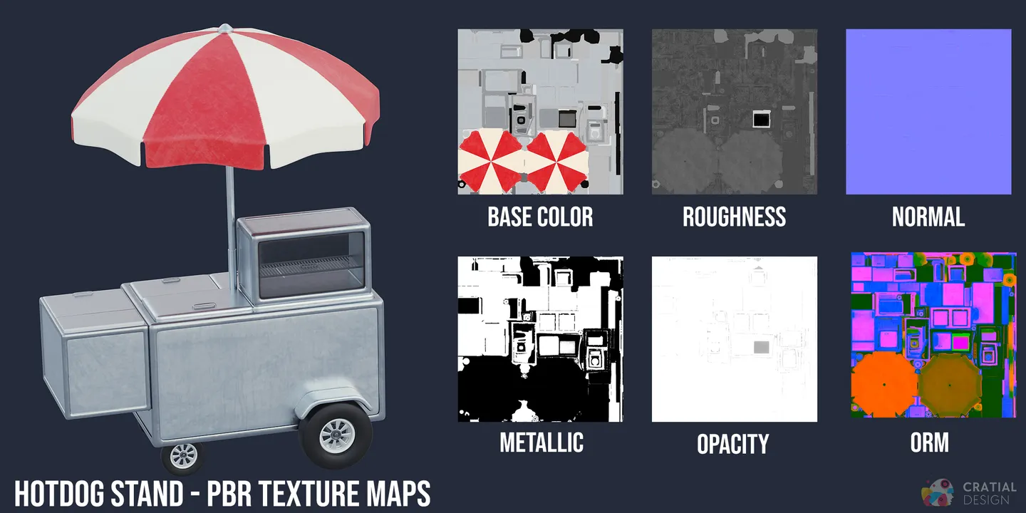 Stylized hotdog stand shown beside base color, roughness, normal, metallic, opacity, and ORM maps.