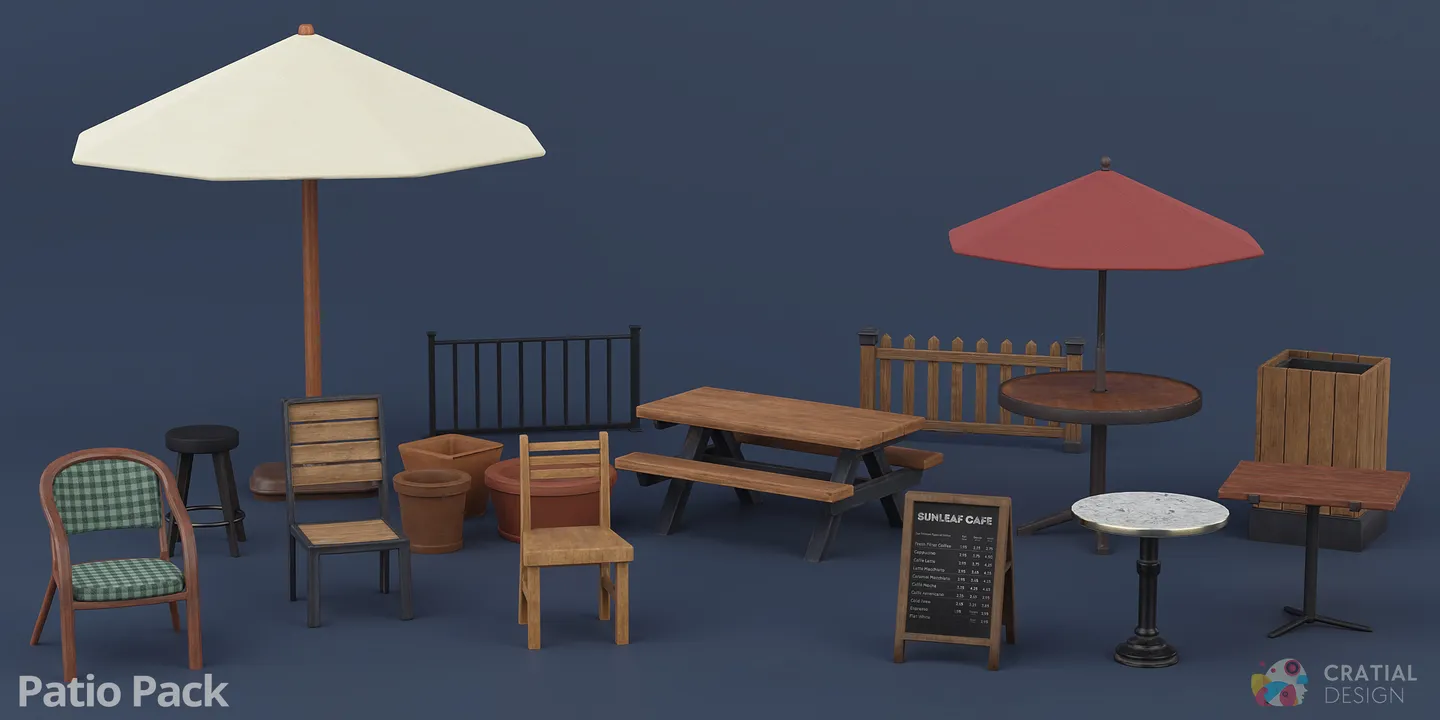 Stylized patio tables, chairs, umbrellas, planters, and cafe accessories.