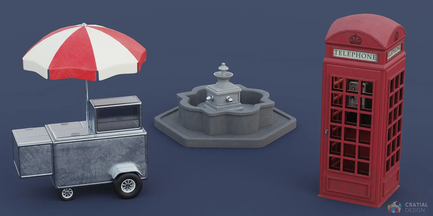 Stylized phone booths beside a hotdog stand and city fountain.