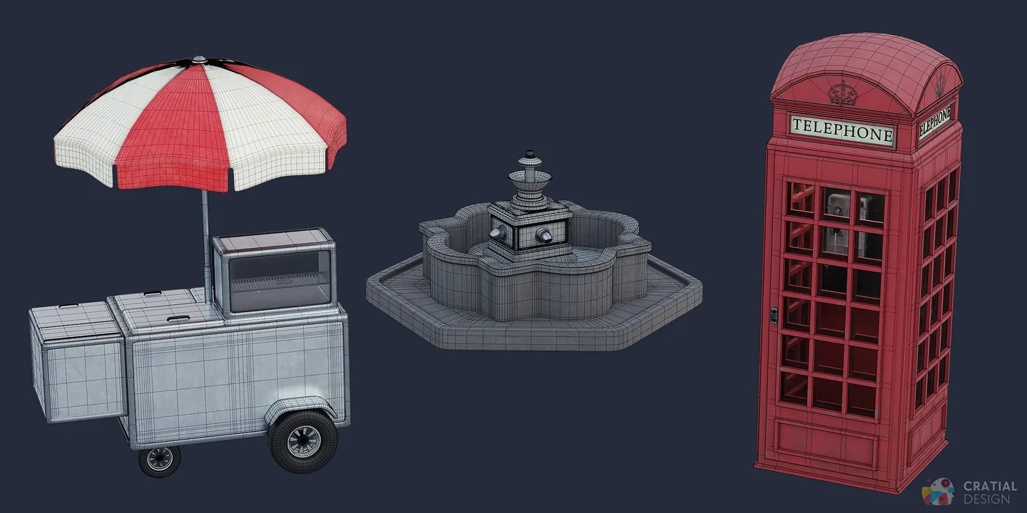 Stylized phone booth and hotdog stand models shown with wireframe topology overlays.