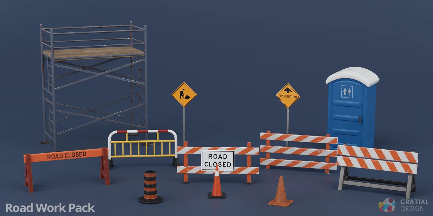 Stylized roadwork barriers, cones, signs, and construction equipment.
