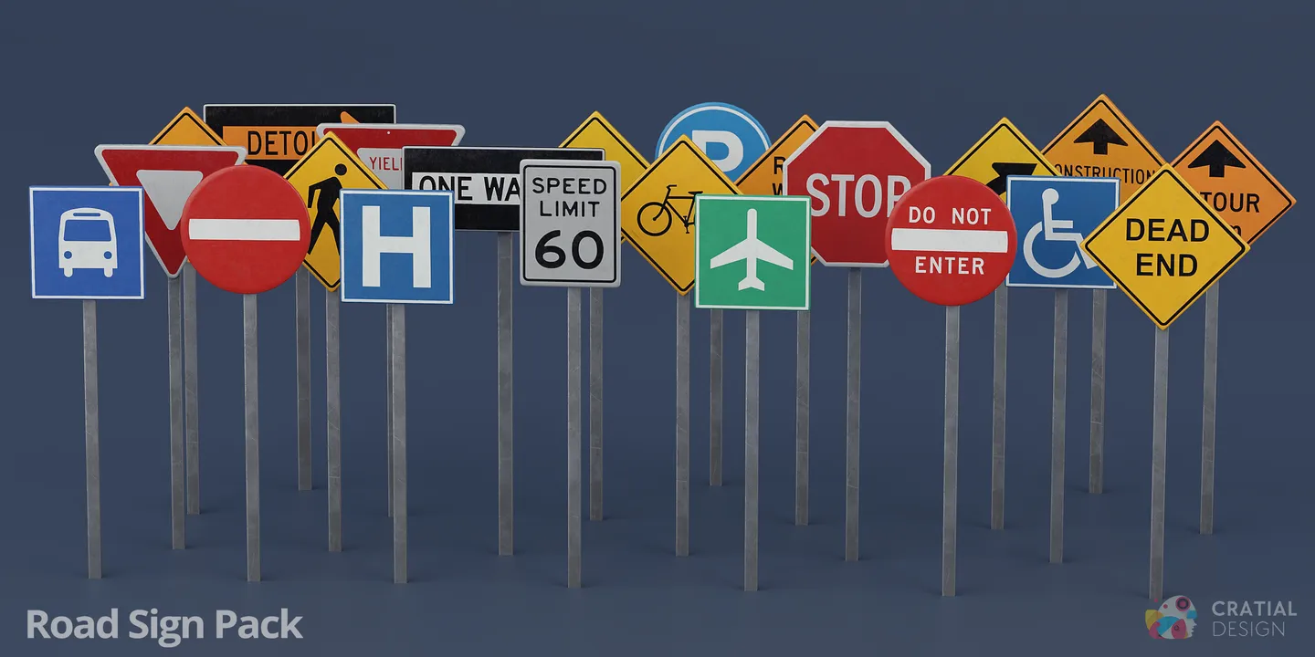 Collection of stylized directional, warning, regulatory, and speed-limit road signs.