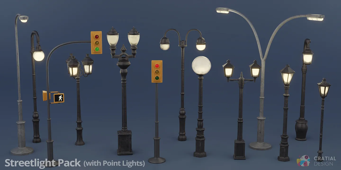 Stylized streetlight, traffic-light, and crosswalk-light variations.
