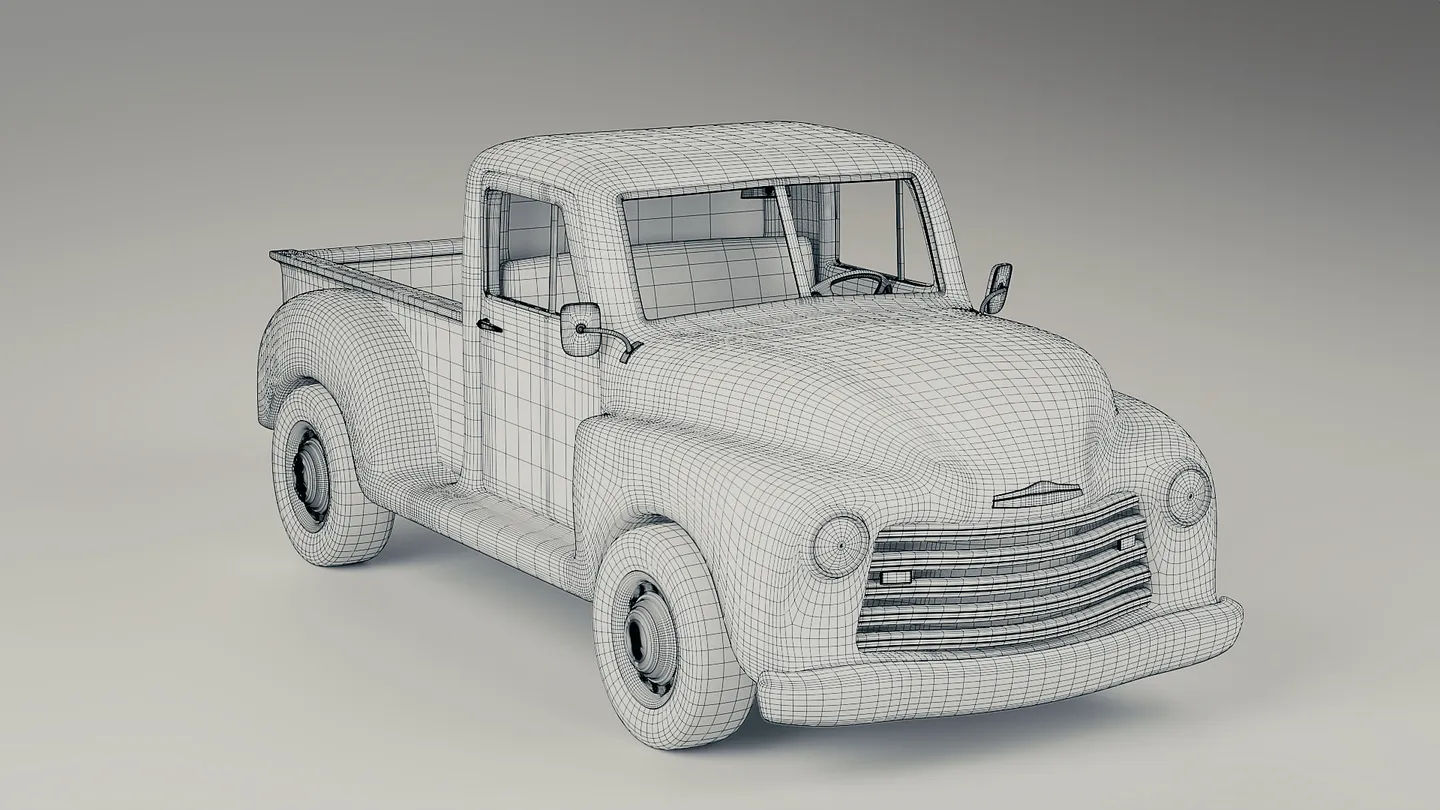 Classic pickup truck shown with a wireframe topology overlay.