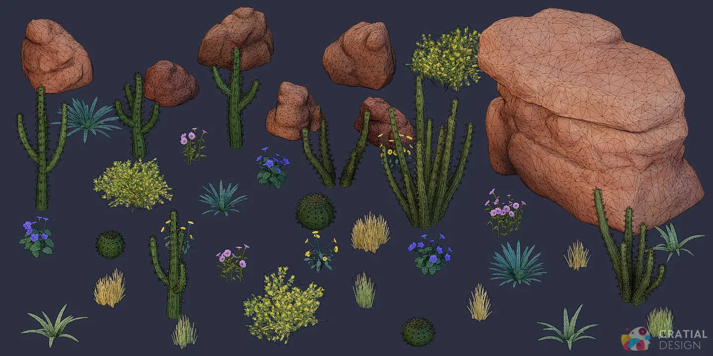 Complete desert nature kit shown with wireframe topology overlays.