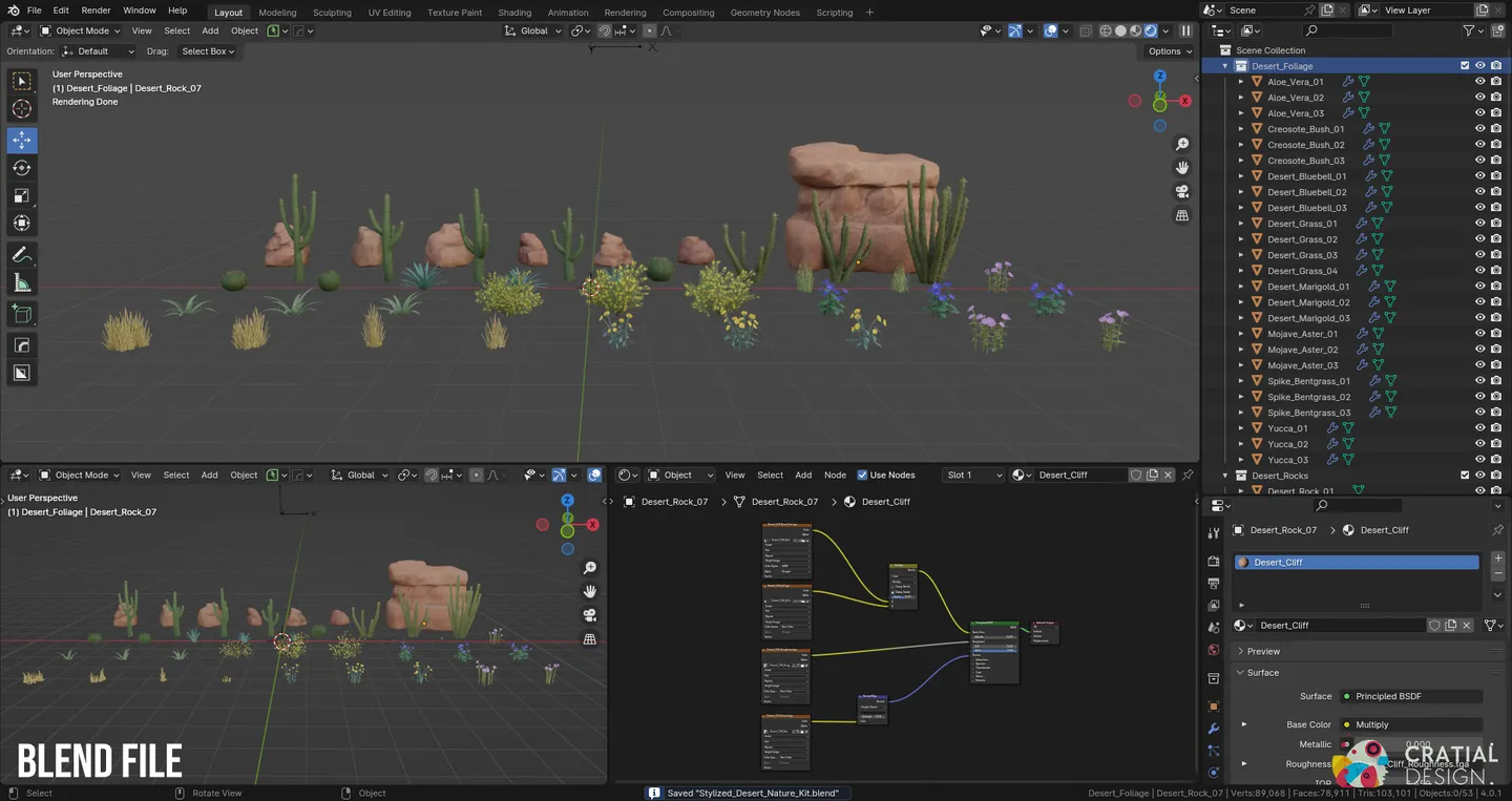 Blender interface showing the complete Stylized Desert Nature Kit scene.