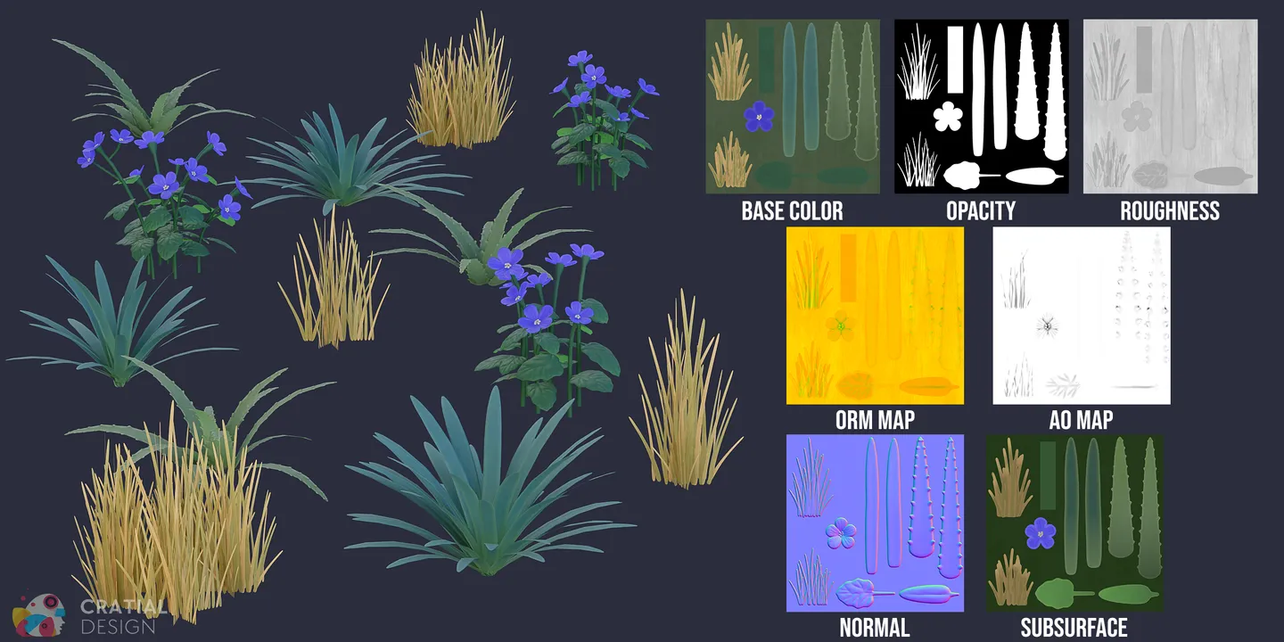 Desert foliage models shown beside labeled PBR texture-map examples.