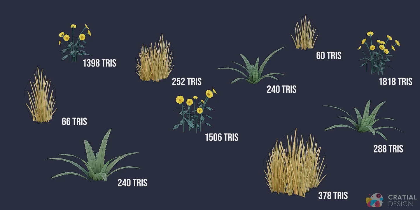 Stylized desert grass clumps shown with wireframe topology overlays.