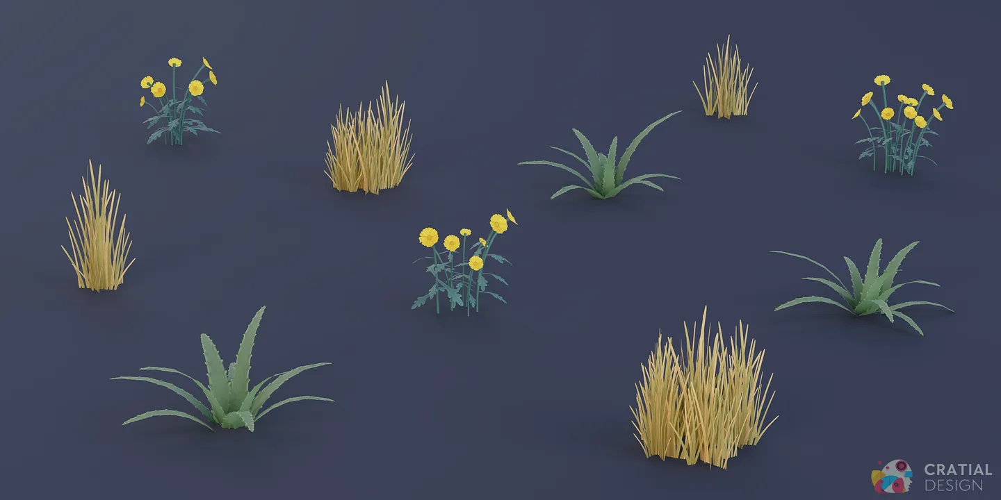 Multiple clumps of stylized dry desert grass arranged against a dark blue background.