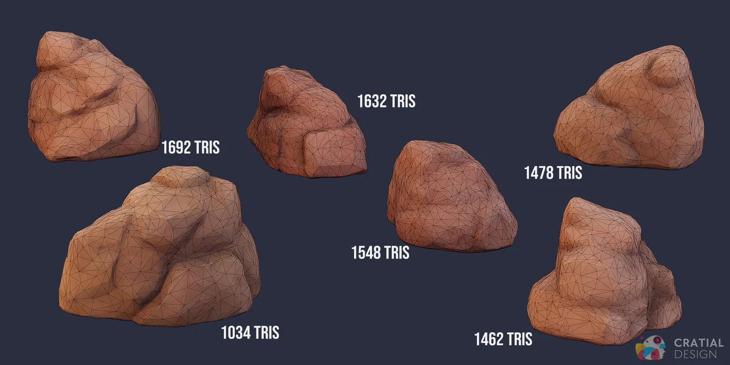 Stylized desert rocks and cliff shown with wireframe topology overlays.