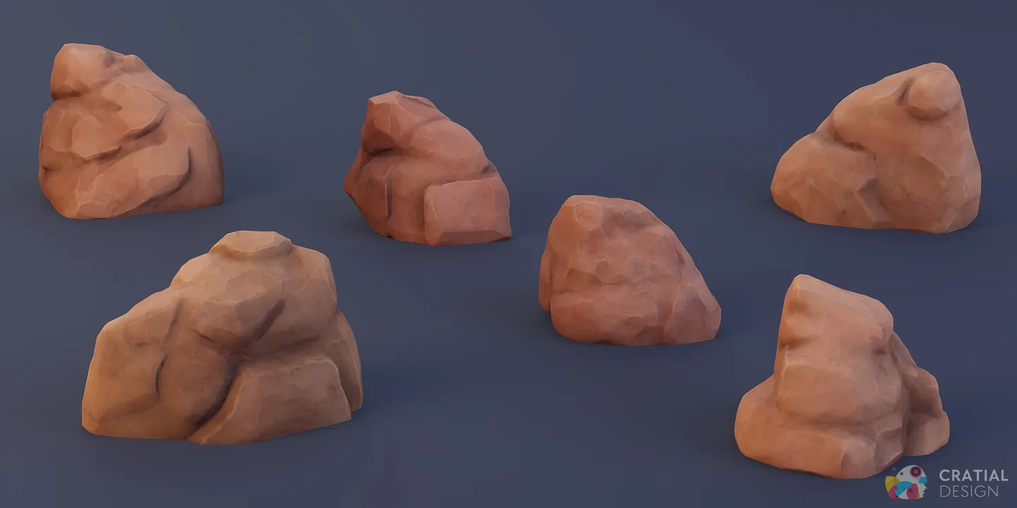 Six stylized desert rocks arranged beside a larger red sandstone cliff model.
