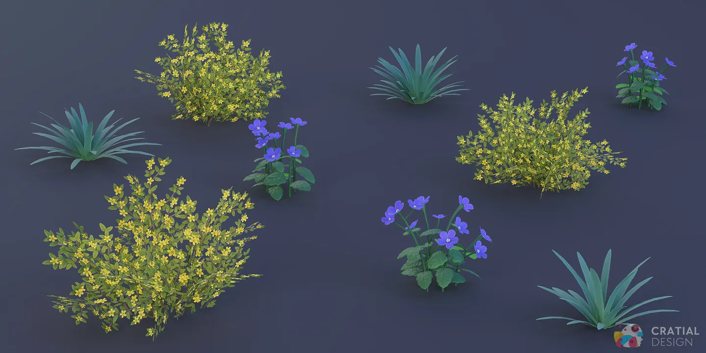 Stylized flowering shrubs, blue desert flowers, and aloe plants arranged together.