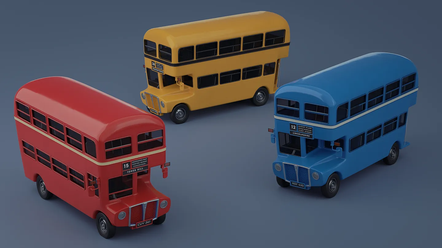 Red, yellow, and blue versions of the stylized double-decker bus.