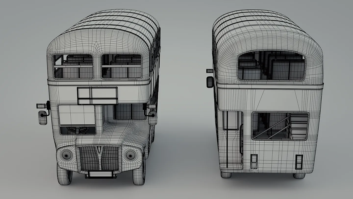 Double-decker bus shown from the front and rear with wireframe topology.