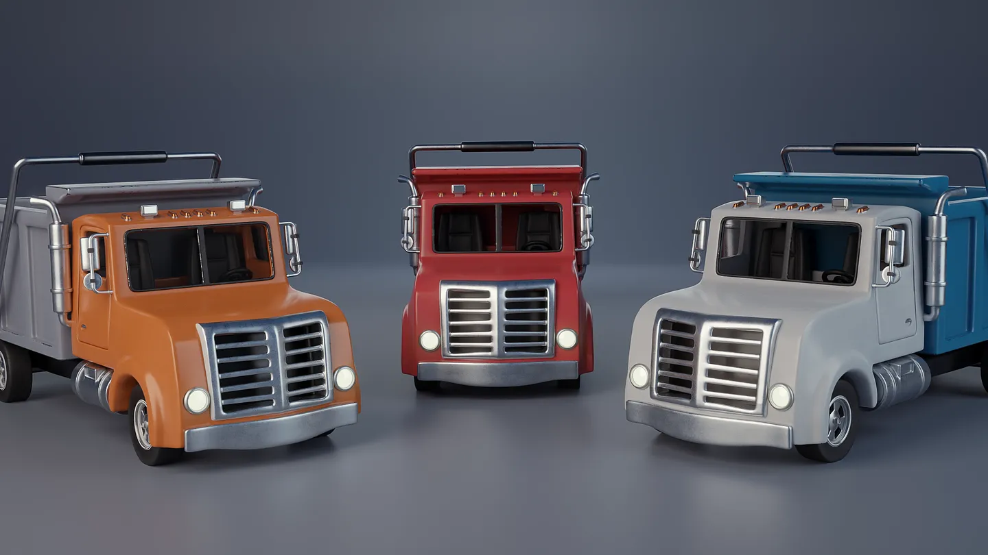 Orange, red, and blue versions of the stylized dump truck.