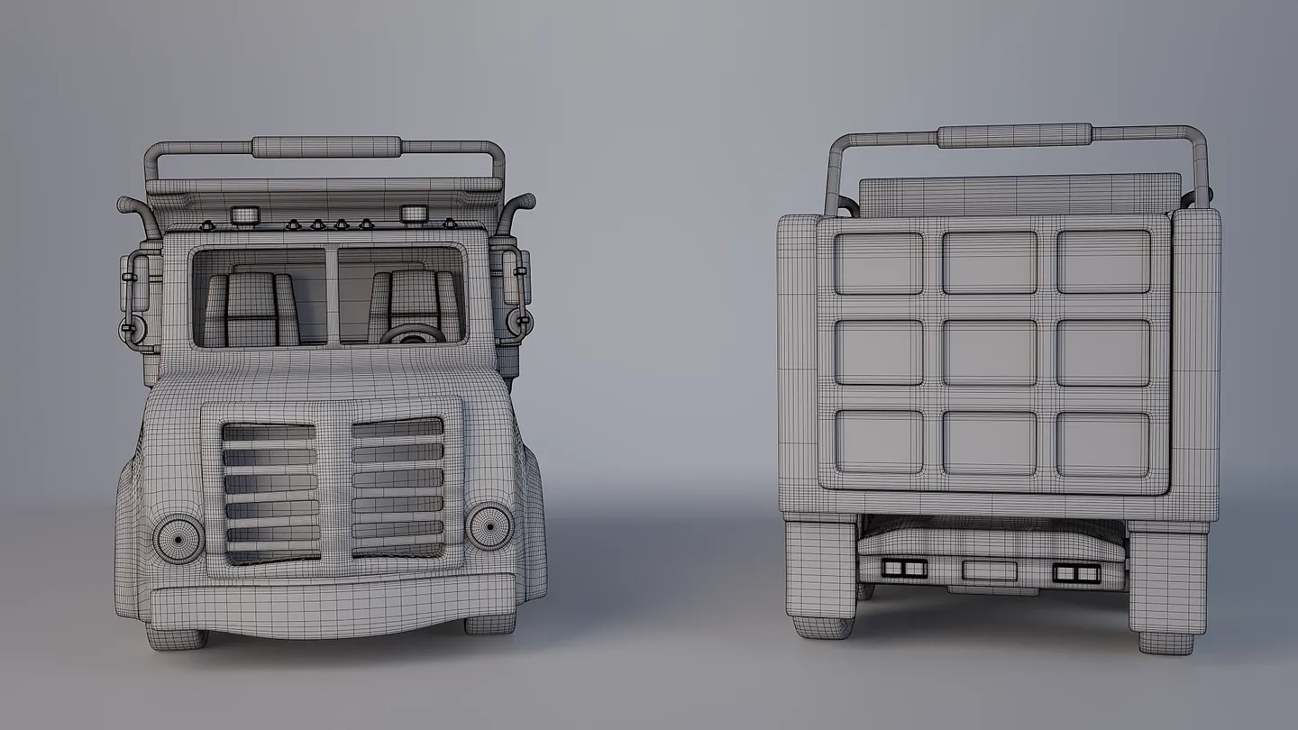 Dump truck shown from the front and rear with wireframe topology.