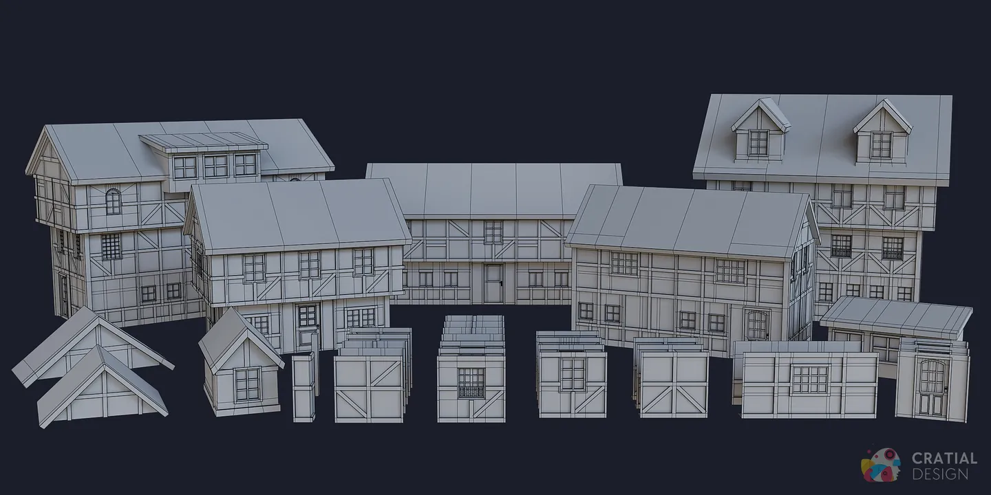 Complete European building kit shown with wireframe topology across buildings and modular pieces.