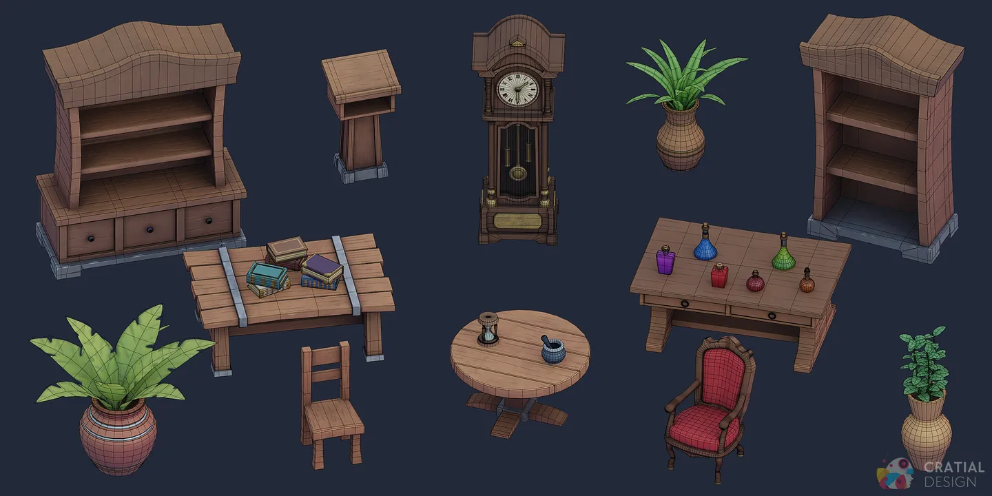 Complete fantasy interior collection shown with wireframe topology overlays.