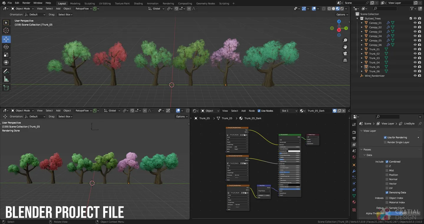 Blender interface showing the Stylized Fluffy Tree Kit models and materials.