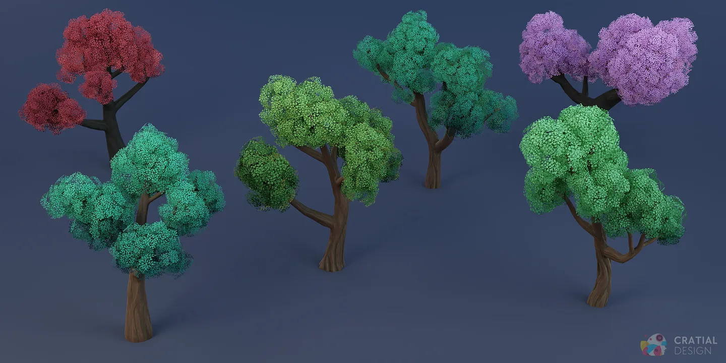 Complete set of eight fluffy stylized trees arranged against a blue background.