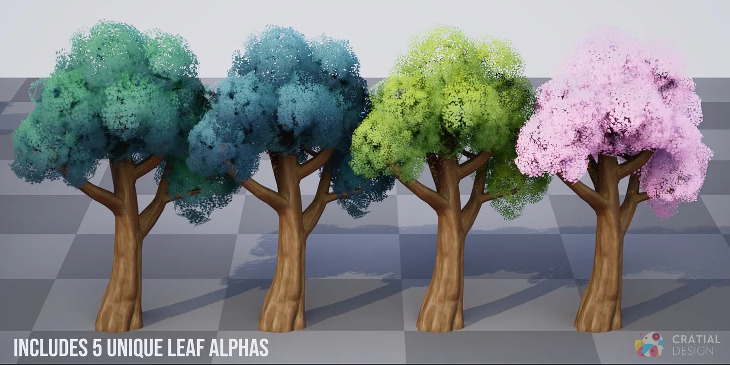 Stylized tree canopies shown in the four included leaf colors.