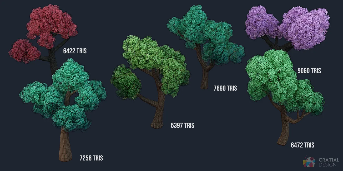 Complete set of stylized fluffy trees shown with wireframe topology overlays.