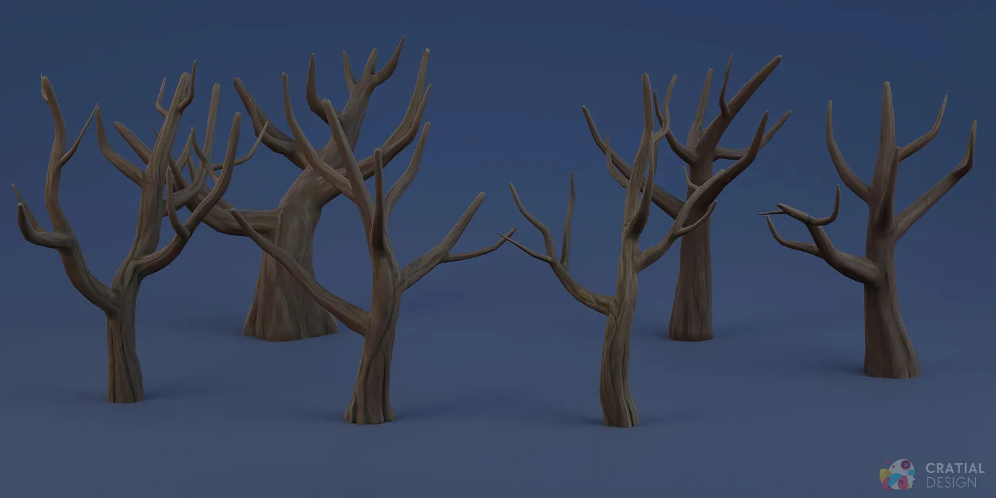 Stylized tree trunks shown with three different bark texture variations.
