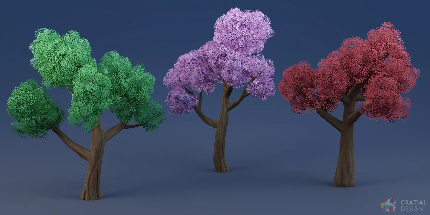 Selection of stylized fluffy trees with rounded and branching canopy shapes.