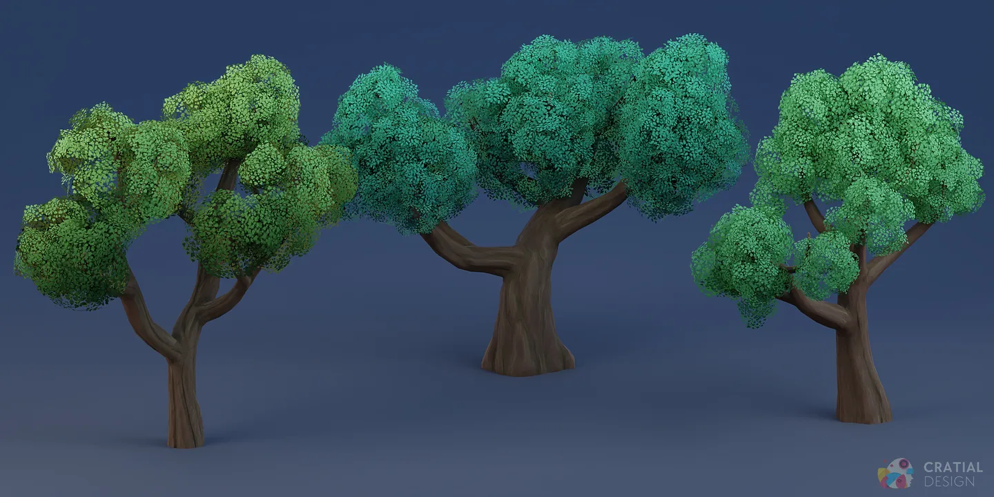 Additional stylized tree models with varied trunk and canopy proportions.