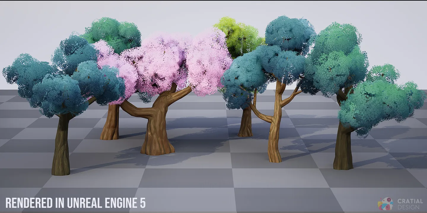 Colorful fluffy tree models arranged in an Unreal Engine environment.