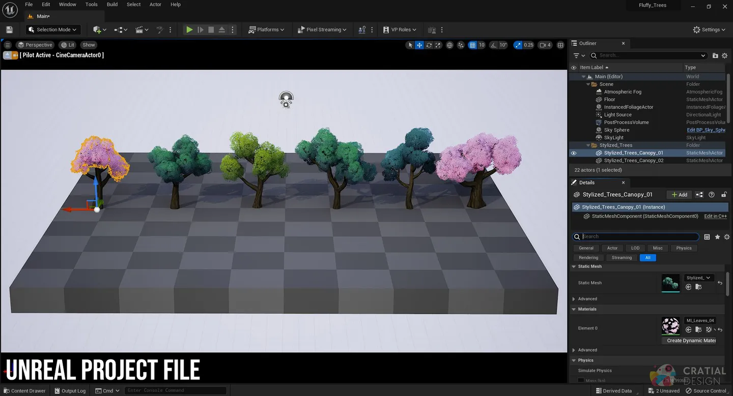 Stylized fluffy trees placed across a simple Unreal Engine landscape.