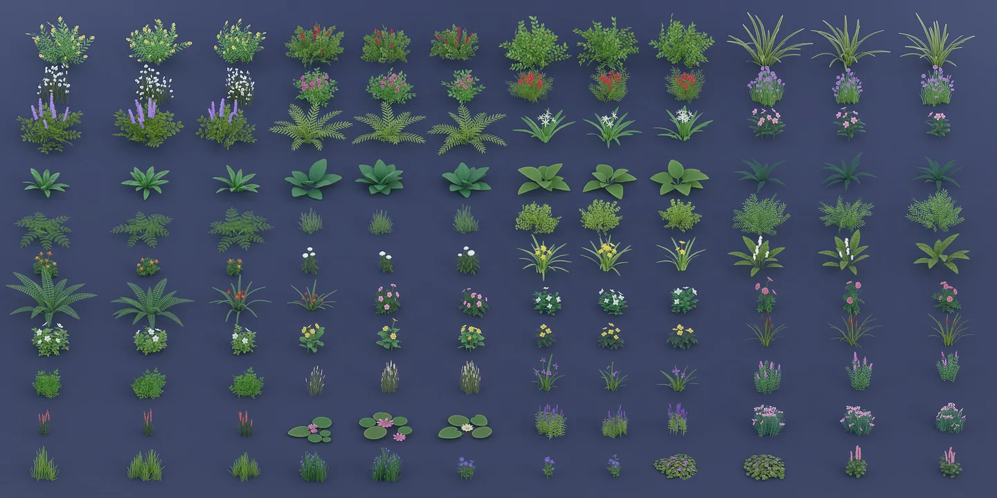 Complete collection of stylized grasses, flowers, ferns, shrubs, wetland plants, and tundra foliage arranged in rows.