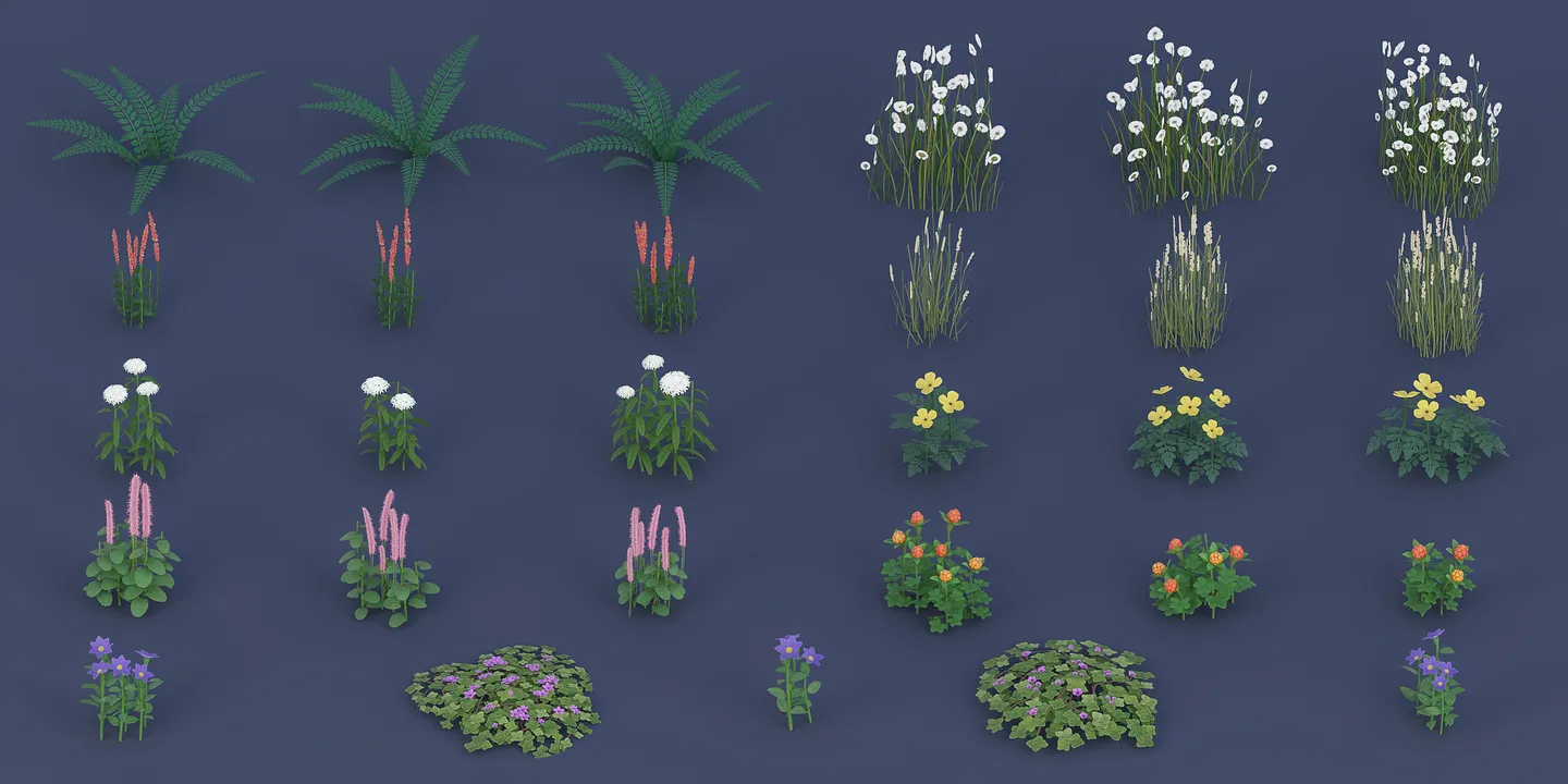 Stylized tundra grasses, low flowers, ferns, berries, and ground-cover plants.
