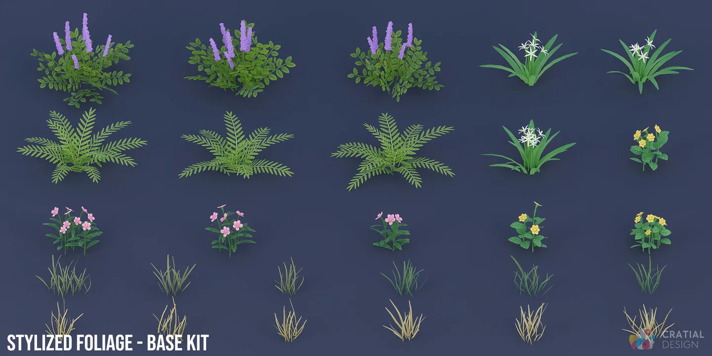 Base collection of stylized plants, flowers, ferns, and grass variations.