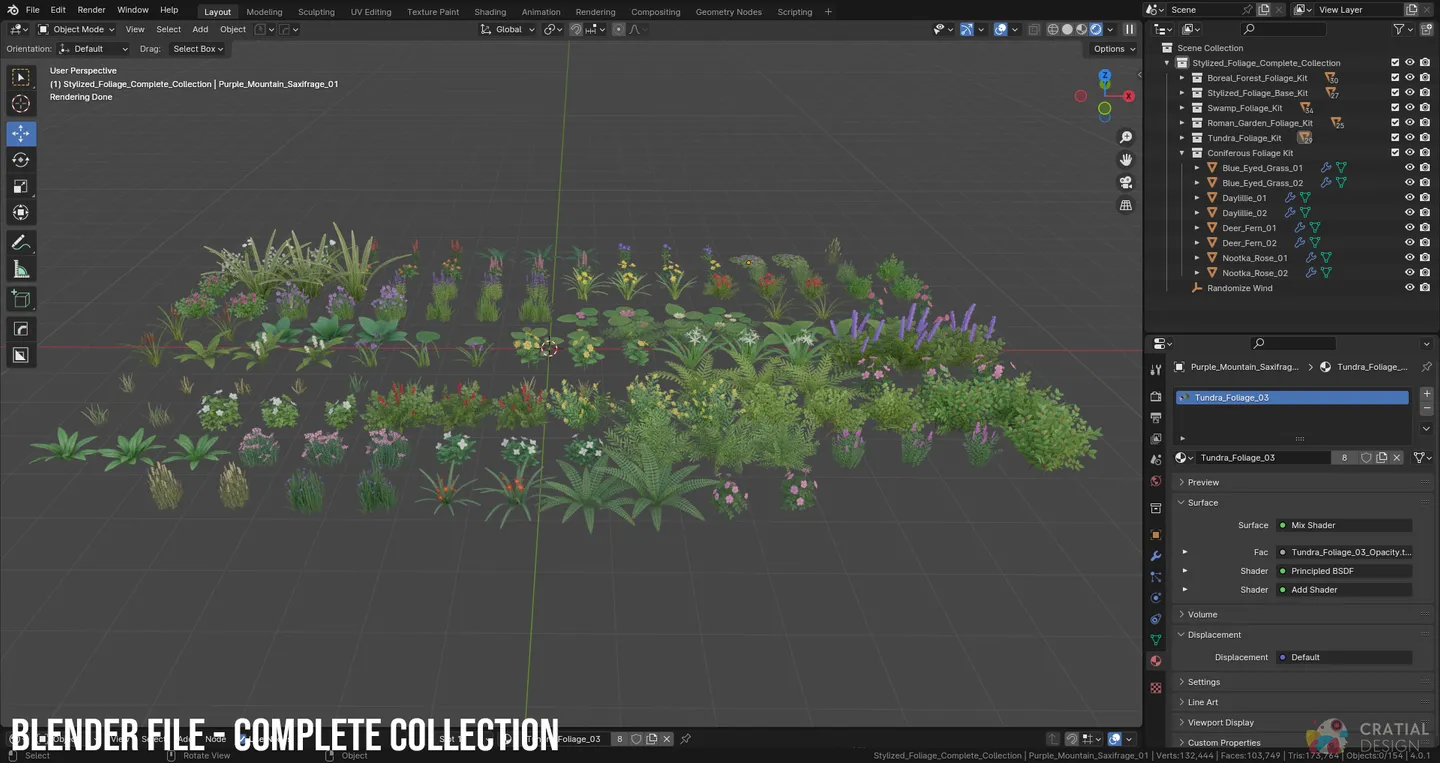 Blender interface showing the complete stylized foliage collection arranged by included kit.