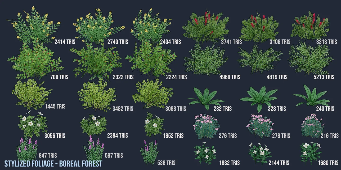 Complete northern forest plant collection shown with wireframe topology overlays.