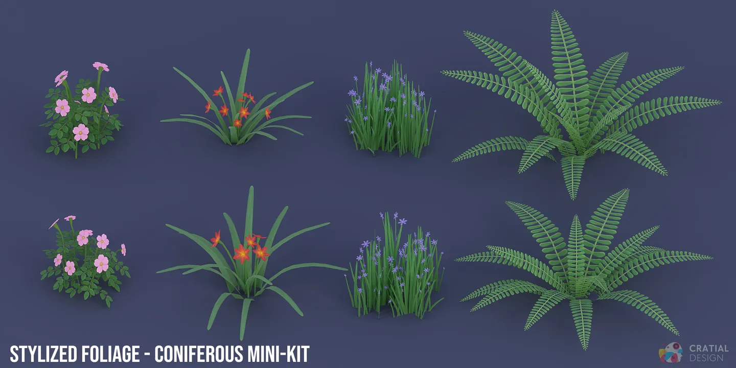 Eight stylized coniferous forest plant variations including ferns, flowers, and grasses.