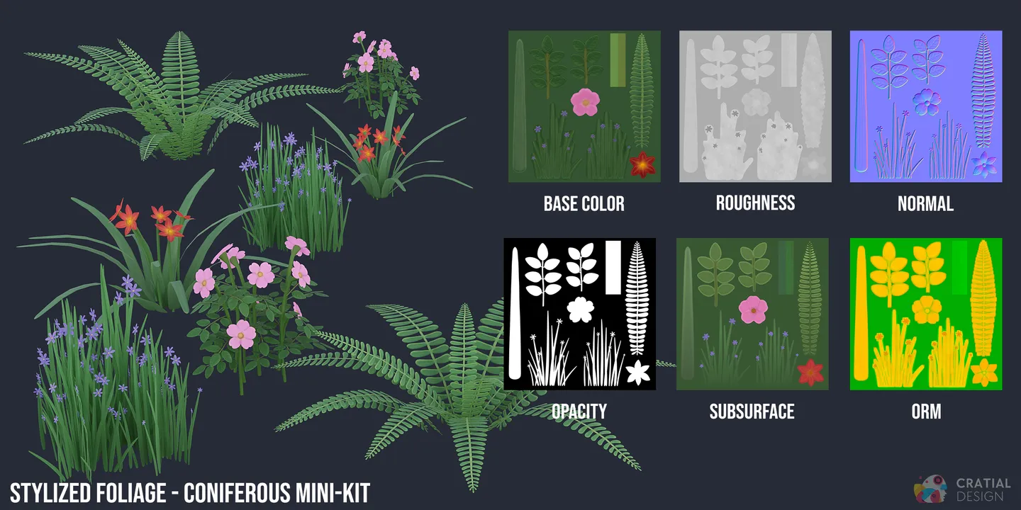Stylized foliage models shown beside base color, roughness, normal, opacity, subsurface, and ORM texture maps.