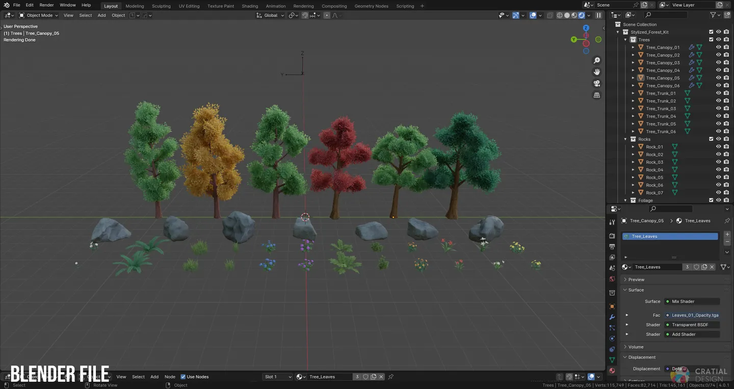 Blender interface showing the current Stylized Forest Nature Kit with colorful trees, rocks, flowers, shrubs, and grasses.