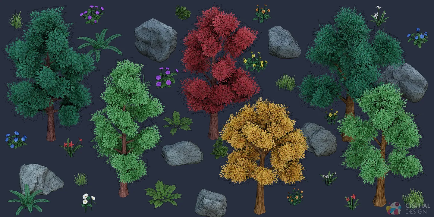 Complete Stylized Forest Nature Kit with wireframe topology over colorful trees, rocks, flowers, shrubs, and grasses.