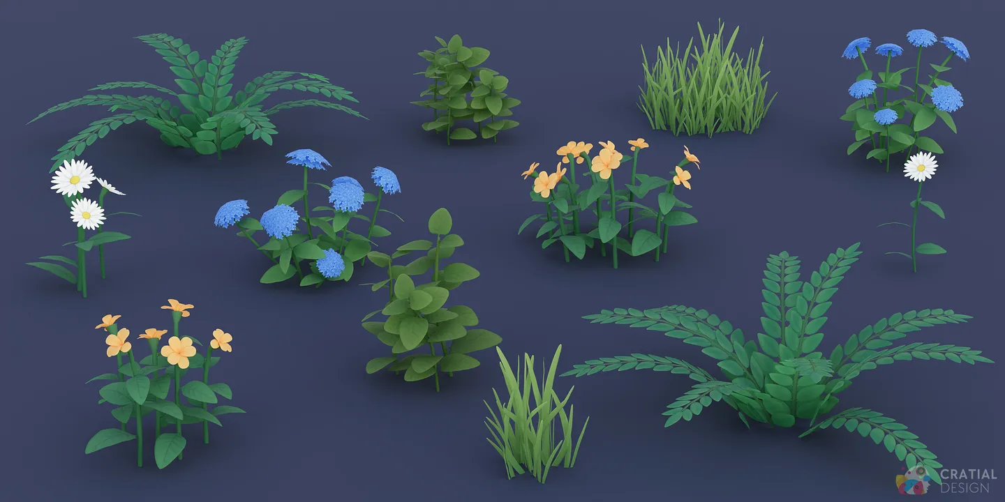 Stylized ferns, leafy shrubs, grasses, and blue, white, and orange flowering plants.