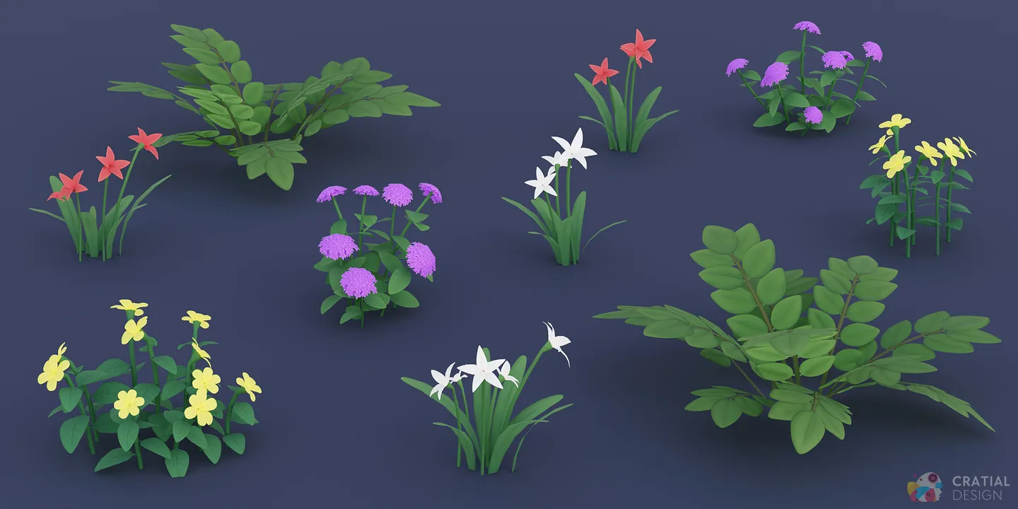 Colorful stylized forest flowers and leafy shrubs arranged in fourteen plant variations.