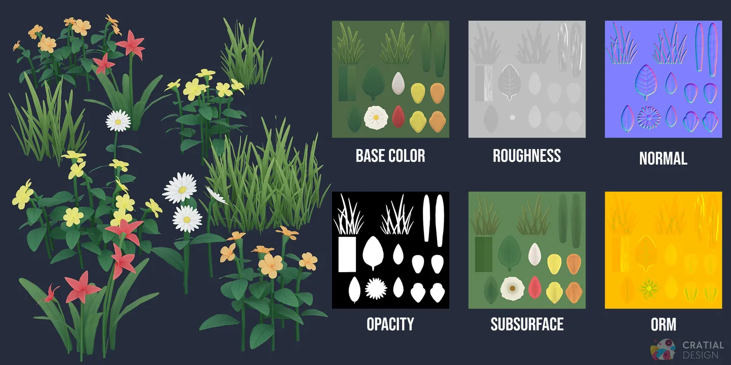 Stylized flowers and grasses shown beside base color, roughness, normal, opacity, subsurface, and ORM texture maps.
