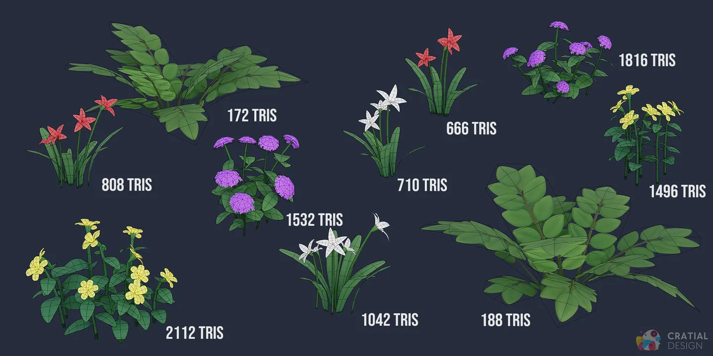 Stylized flowering plants and shrubs shown with triangle counts beside each model.